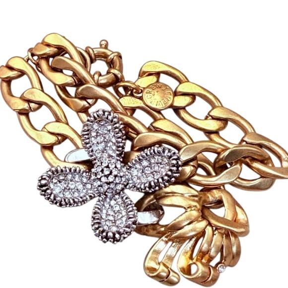 J. Crew Vintage Two Tone Rhinestone Pave Flower Chunky Statement Toggle Bracelet